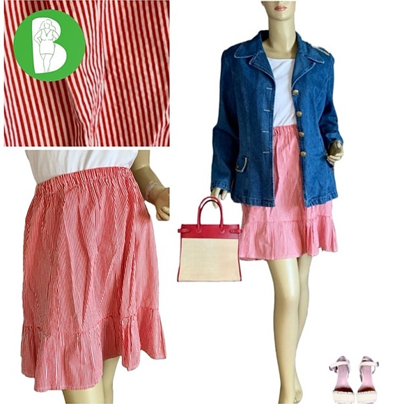 HANDMADE RED & WHITE STRIPE RUFFLE HEM ELASTIC WAIST BAND FULL SKIRT (1X) - Picture 1 of 11